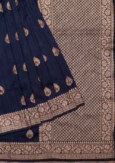 Navy Blue Zariwork Raw Silk Saree-Koskii