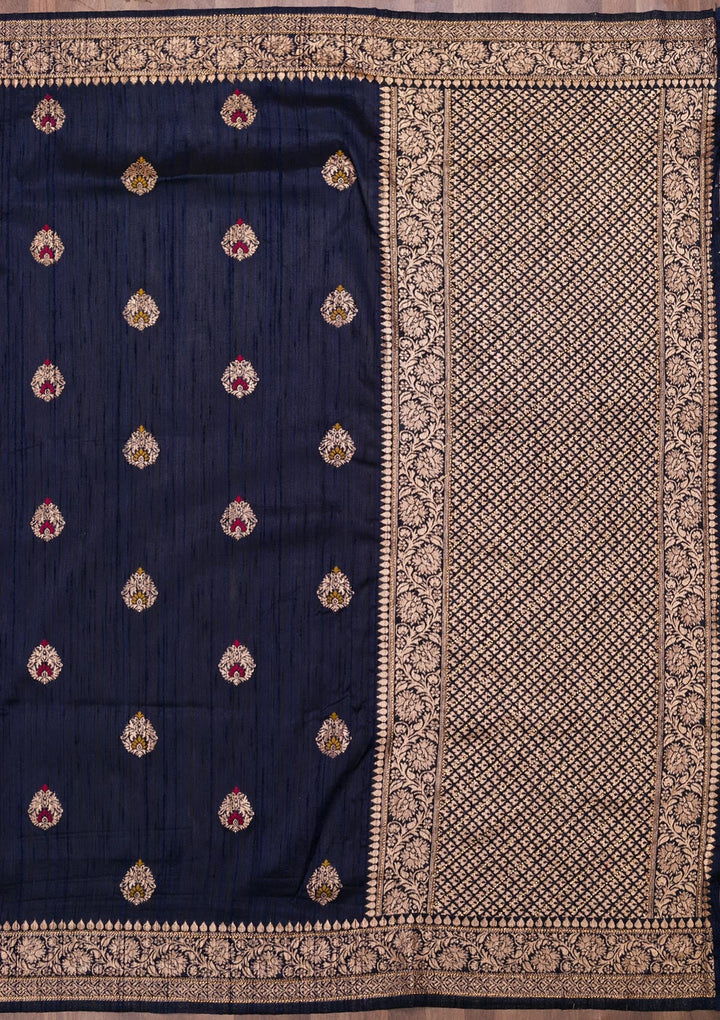 Navy Blue Zariwork Raw Silk Saree-Koskii