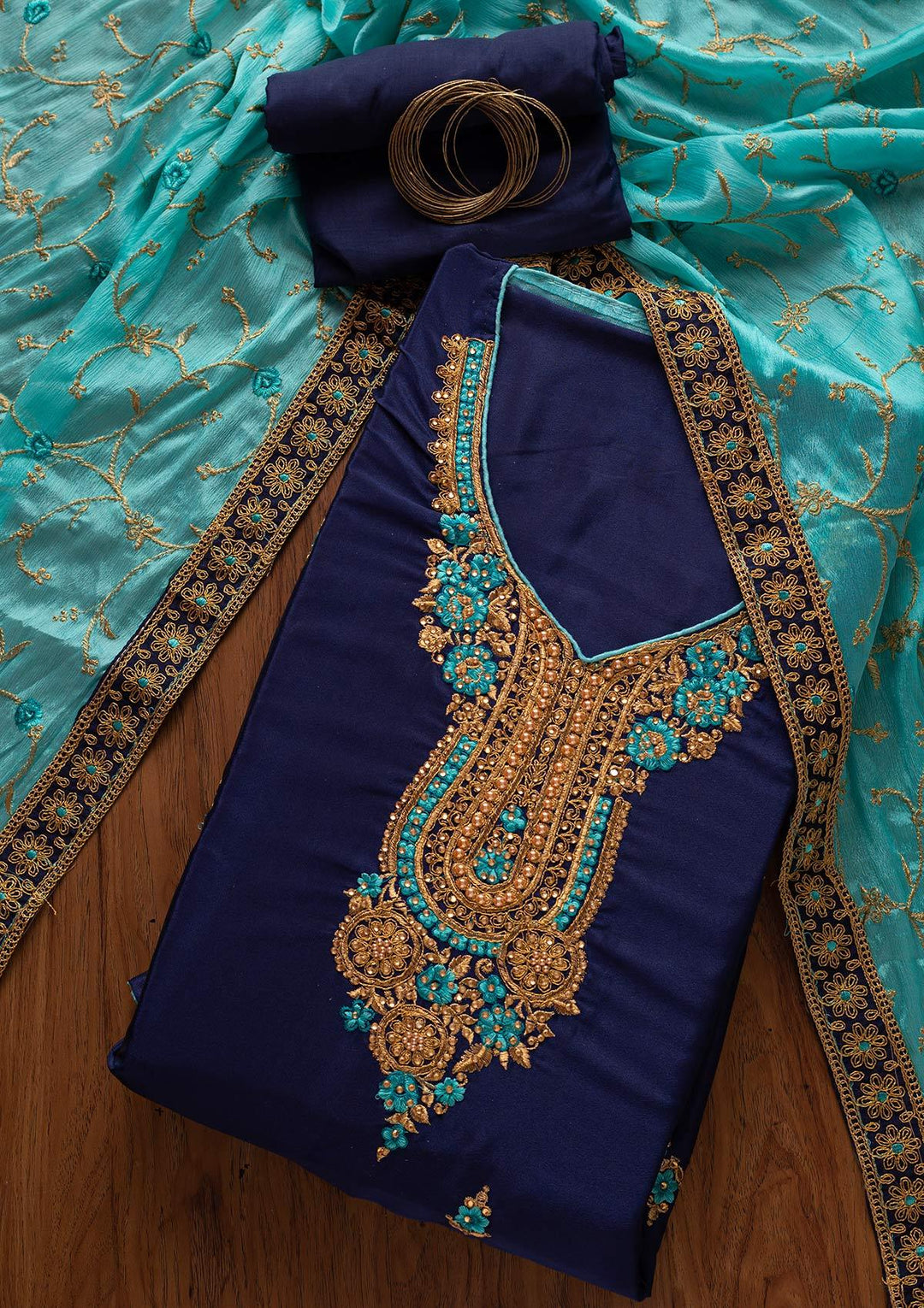 Navy Blue Zariwork Semi Crepe Designer Semi-Stitched Salwar Suit - koskii