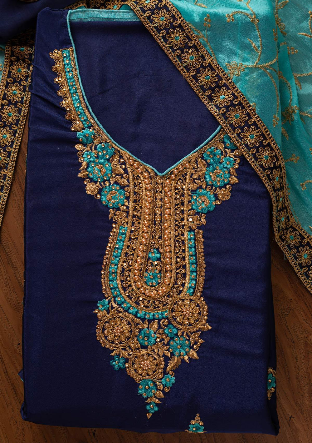 Navy Blue Zariwork Semi Crepe Designer Semi-Stitched Salwar Suit - koskii
