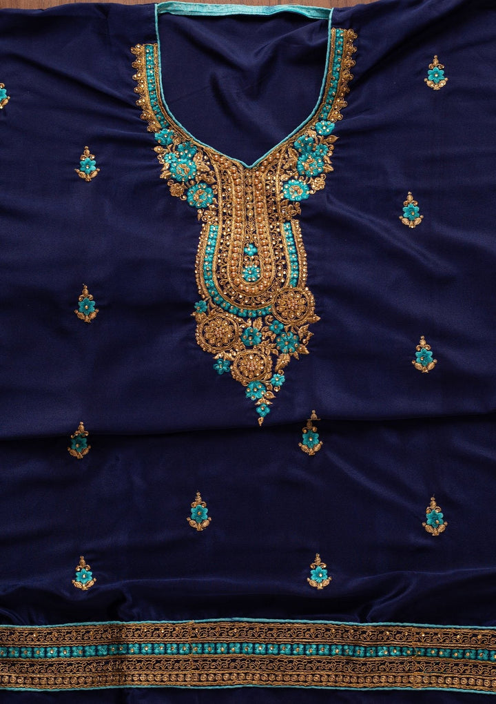 Navy Blue Zariwork Semi Crepe Designer Semi-Stitched Salwar Suit - koskii
