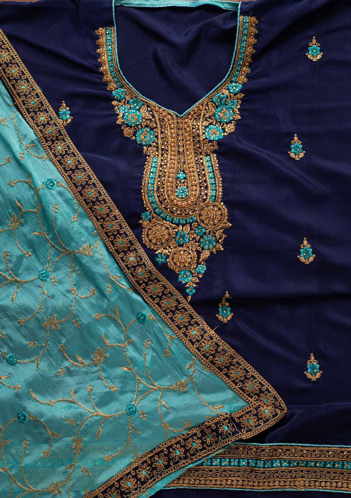 Navy Blue Zariwork Semi Crepe Designer Semi-Stitched Salwar Suit - koskii