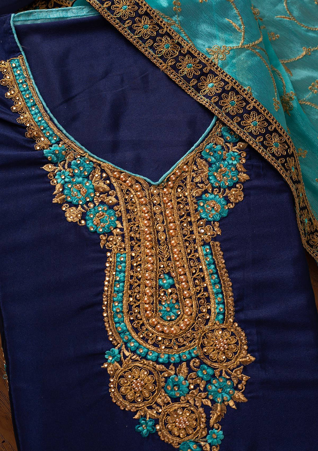 Navy Blue Zariwork Semi Crepe Designer Semi-Stitched Salwar Suit - koskii
