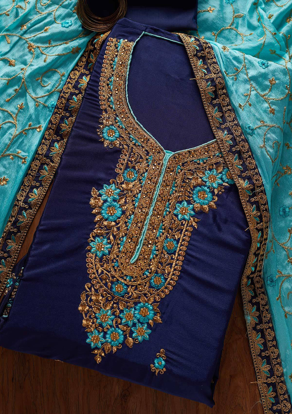 Navy Blue Zariwork Semi Crepe Designer Semi-Stitched Salwar Suit - koskii