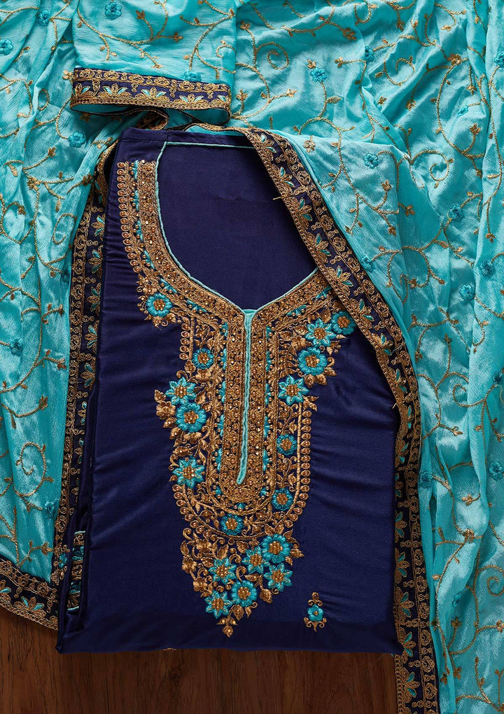 Navy Blue Zariwork Semi Crepe Designer Semi-Stitched Salwar Suit - koskii