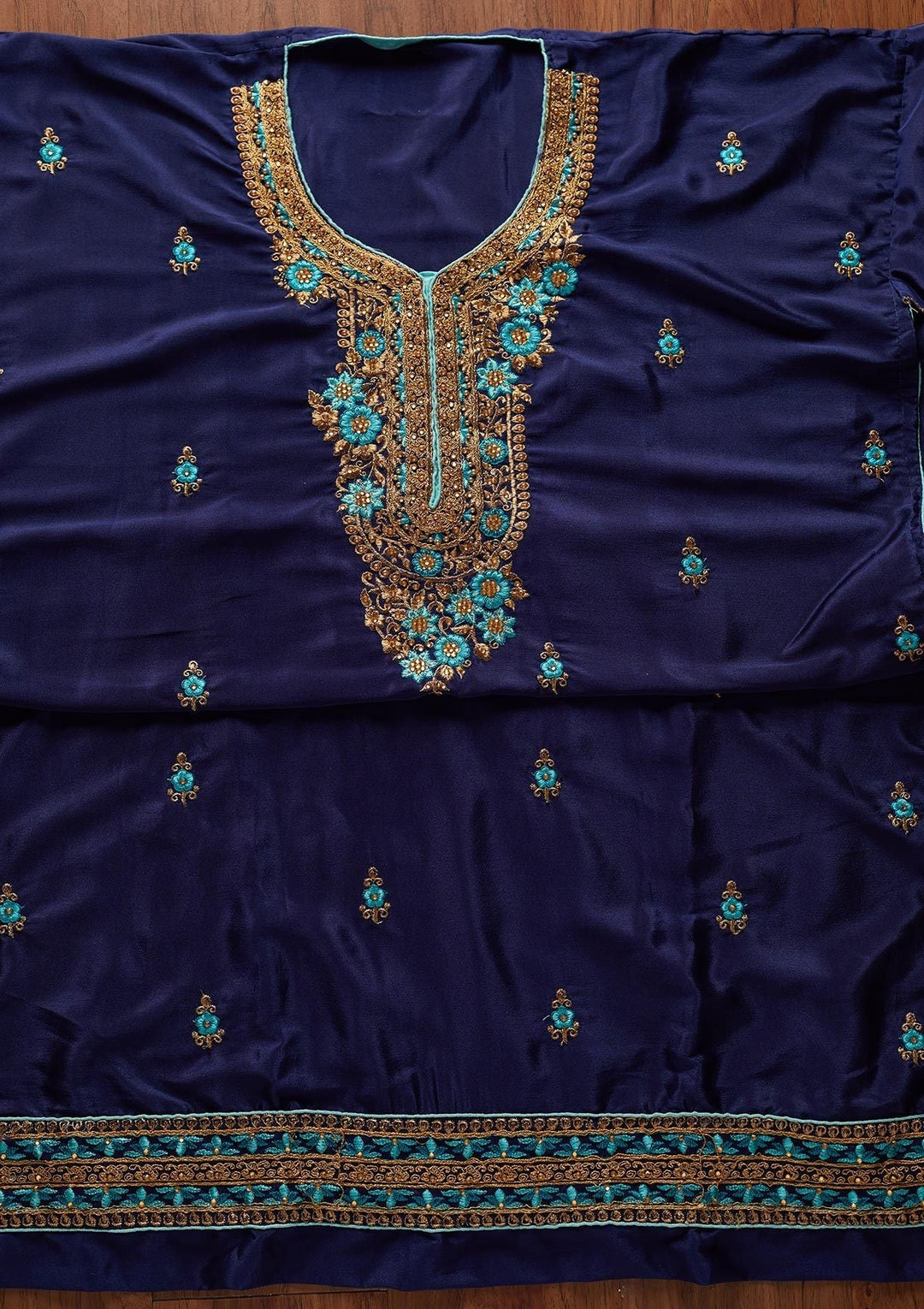 Navy Blue Zariwork Semi Crepe Designer Semi-Stitched Salwar Suit - koskii