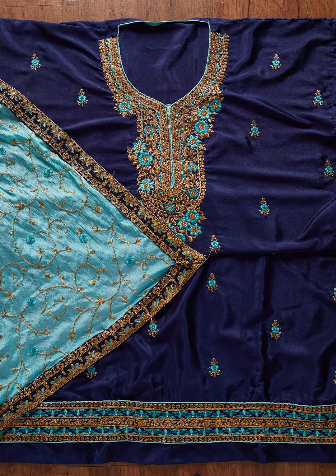 Navy Blue Zariwork Semi Crepe Designer Semi-Stitched Salwar Suit - koskii