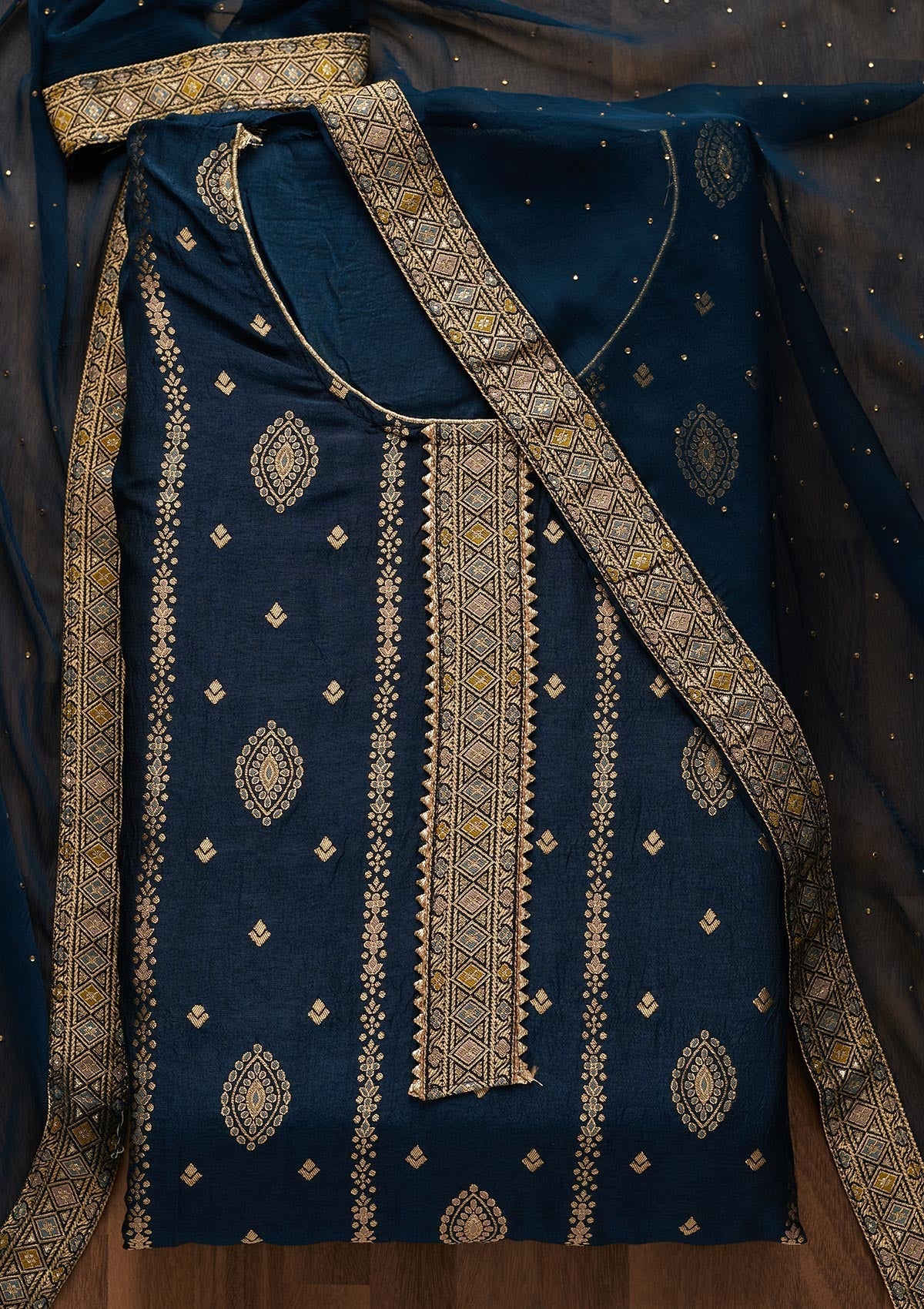 Navy Blue Zariwork Semi Crepe Semi-Stitched Salwar Suit-Koskii