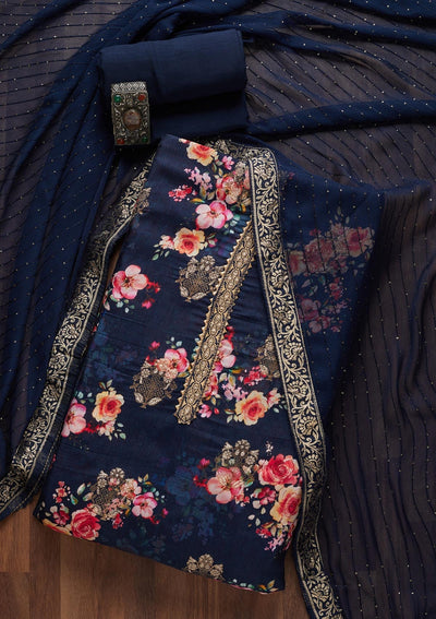 Navy Blue Zariwork Semi Crepe Unstitched Salwar Suit- Koskii