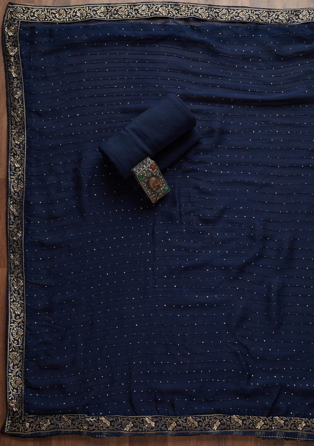 Navy Blue Zariwork Semi Crepe Unstitched Salwar Suit - Koskii