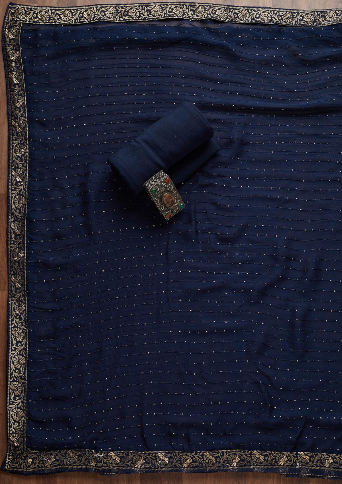 Navy Blue Zariwork Semi Crepe Unstitched Salwar Suit - Koskii