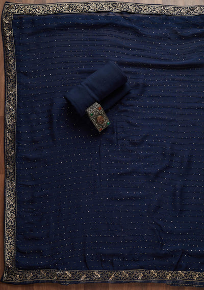 Navy Blue Zariwork Semi Crepe Unstitched Salwar Suit - Koskii