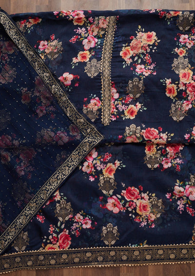 Navy Blue Zariwork Semi Crepe Unstitched Salwar Suit - Koskii