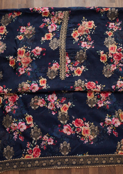 Navy Blue Zariwork Semi Crepe Unstitched Salwar Suit - Koskii