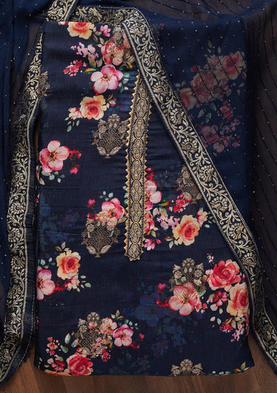 Navy Blue Zariwork Semi Crepe Unstitched Salwar Suit - Koskii