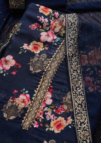 Navy Blue Zariwork Semi Crepe Unstitched Salwar Suit - Koskii