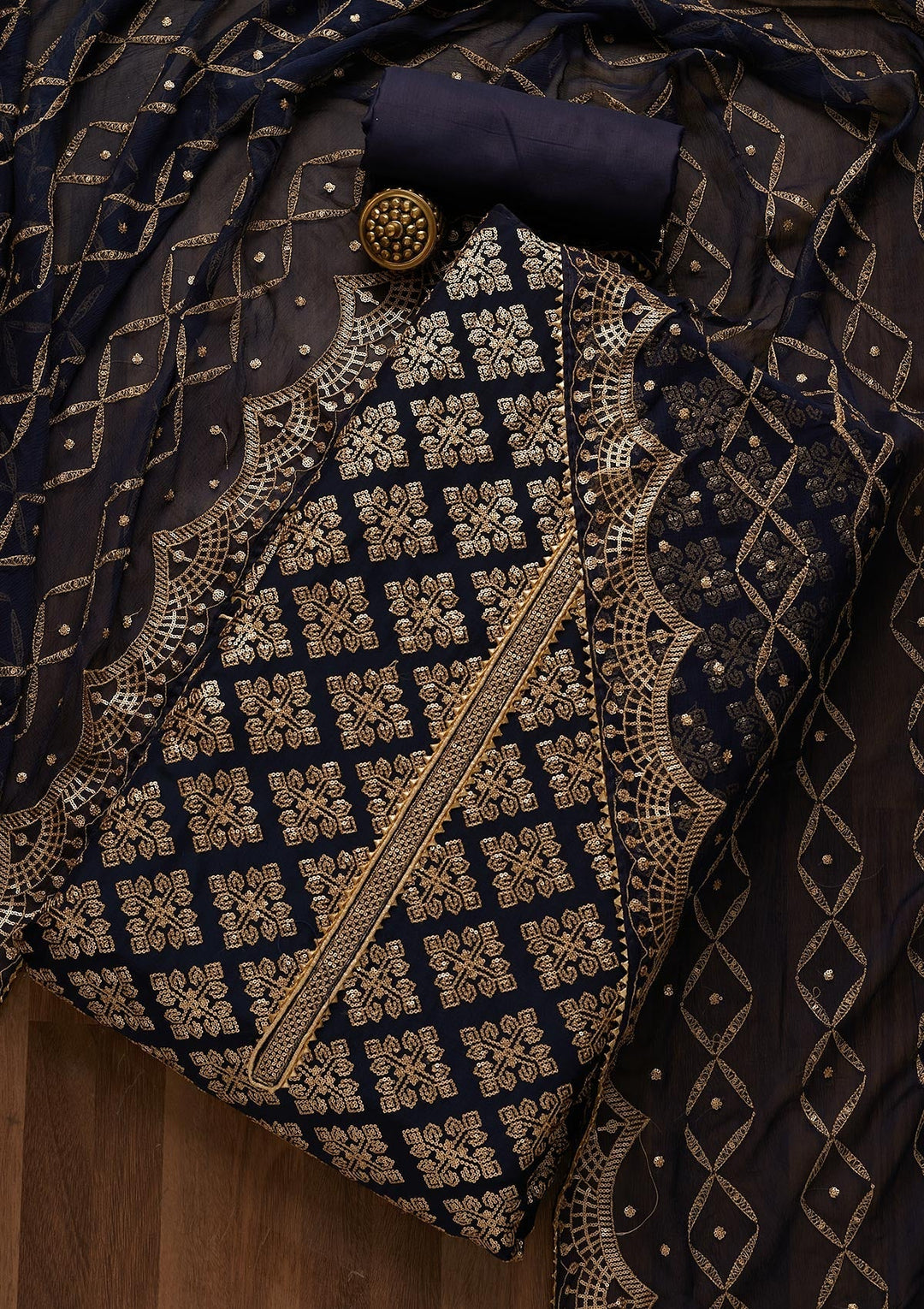 Navy Blue Zariwork Semi Crepe Unstitched Salwar Suit-Koskii