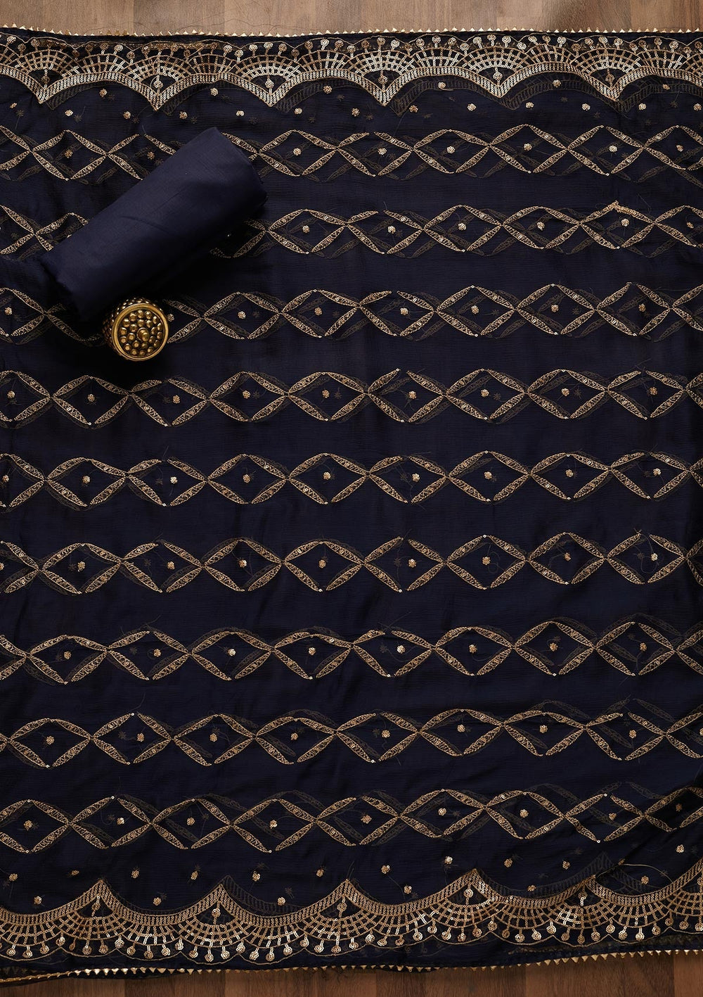 Navy Blue Zariwork Semi Crepe Unstitched Salwar Suit-Koskii