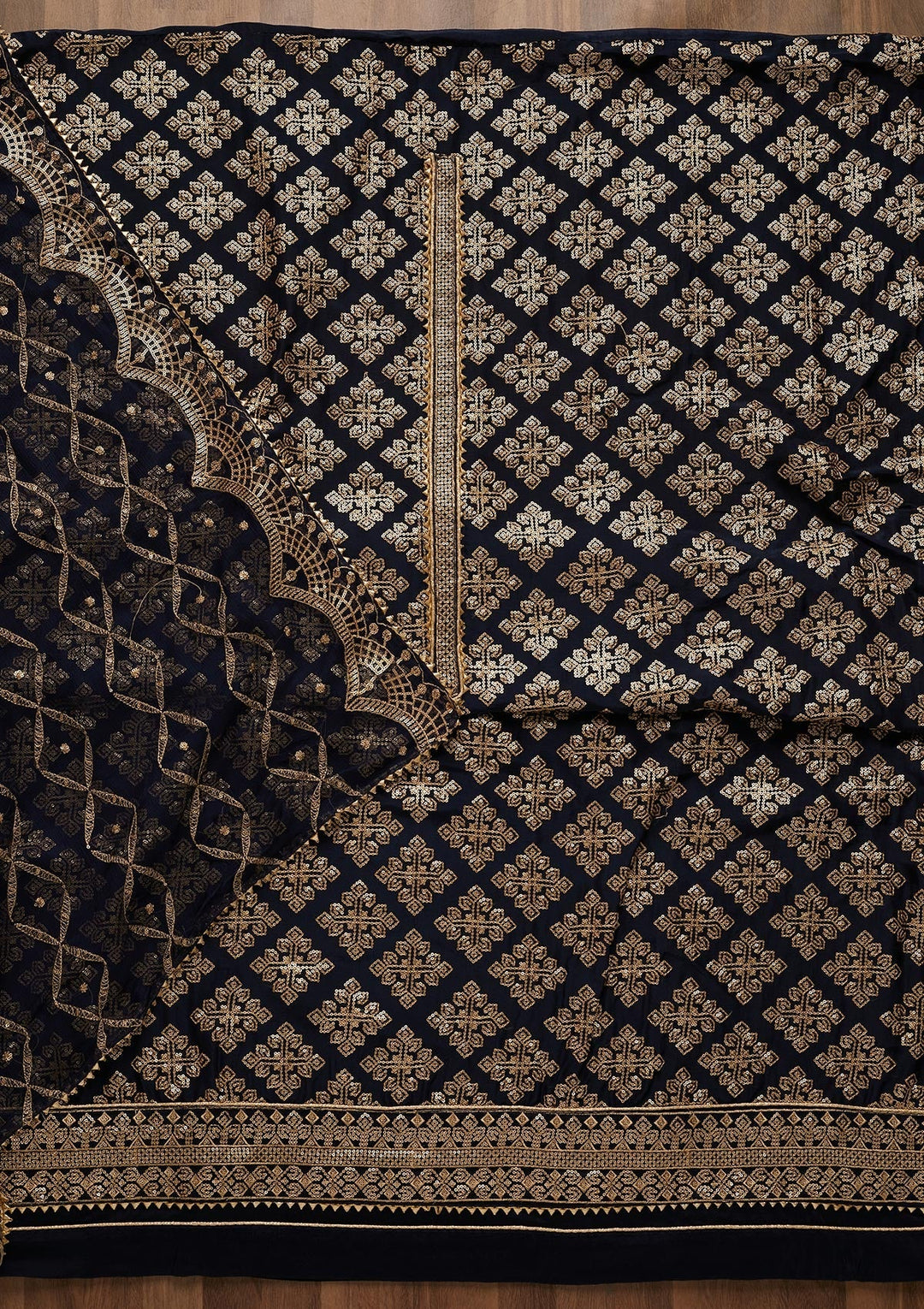 Navy Blue Zariwork Semi Crepe Unstitched Salwar Suit-Koskii