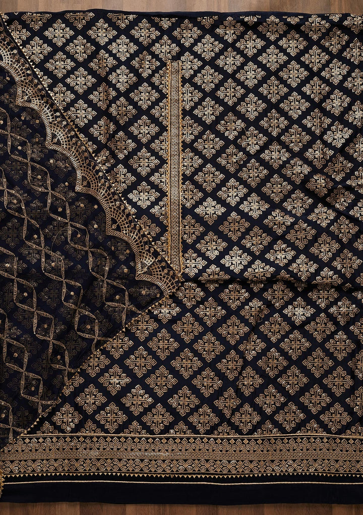 Navy Blue Zariwork Semi Crepe Unstitched Salwar Suit-Koskii