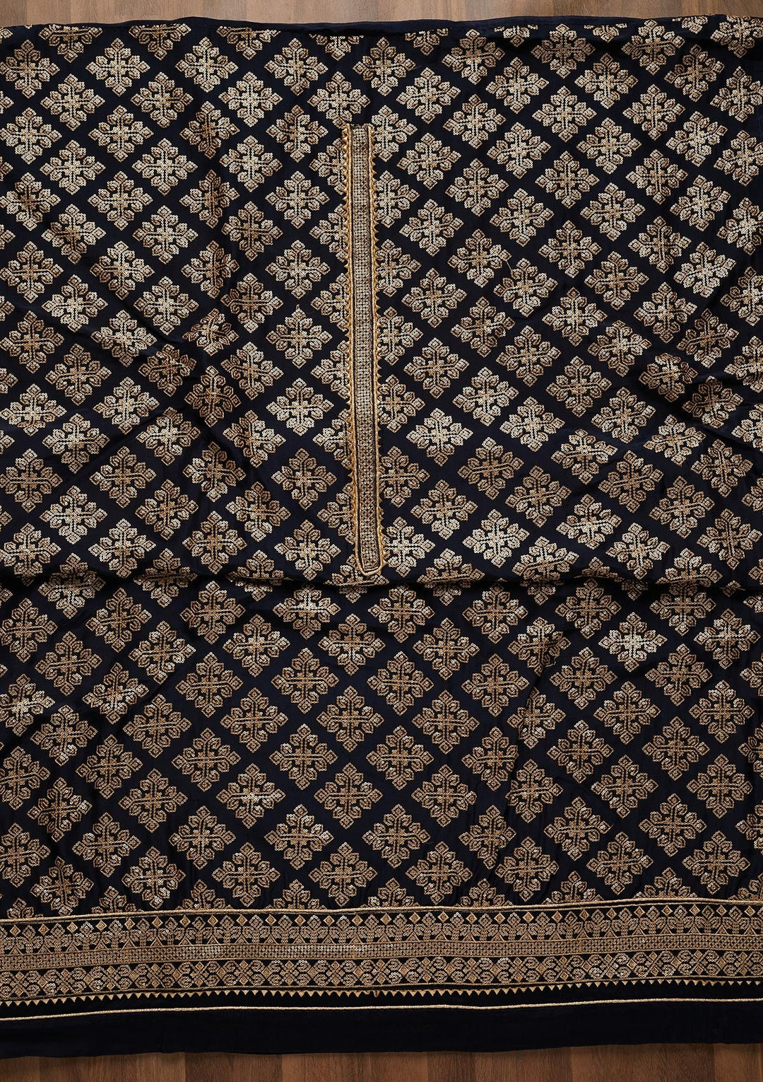 Navy Blue Zariwork Semi Crepe Unstitched Salwar Suit-Koskii