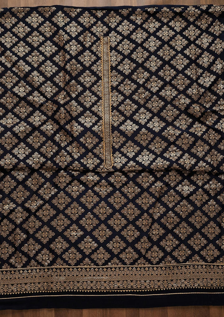 Navy Blue Zariwork Semi Crepe Unstitched Salwar Suit-Koskii