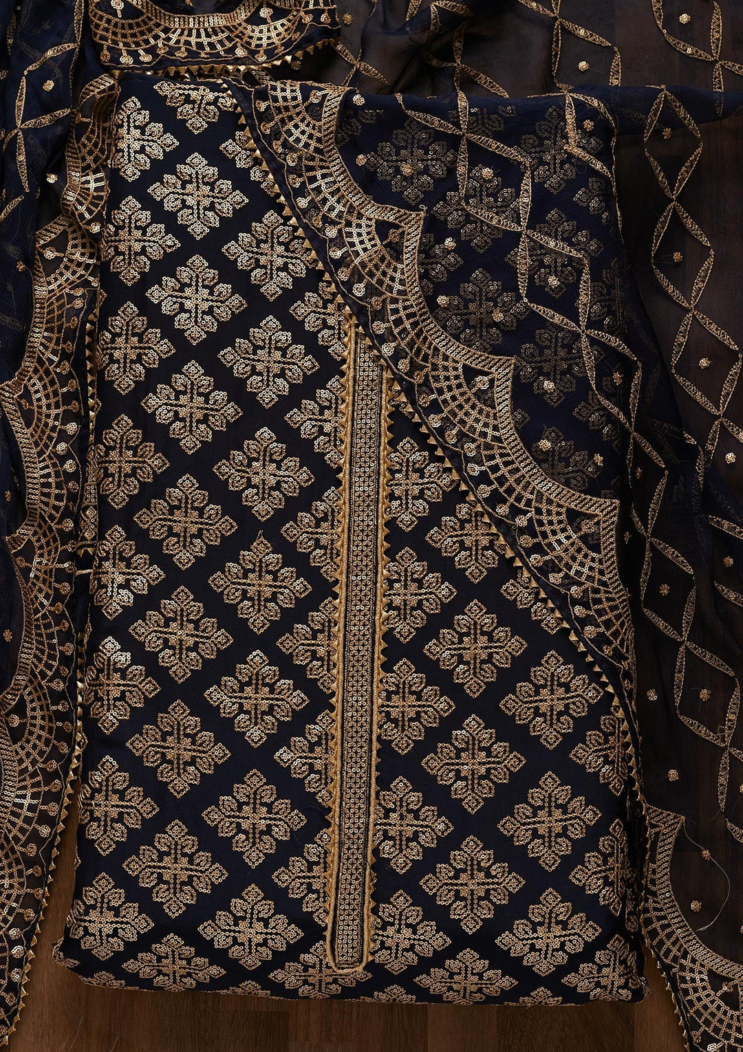 Navy Blue Zariwork Semi Crepe Unstitched Salwar Suit-Koskii