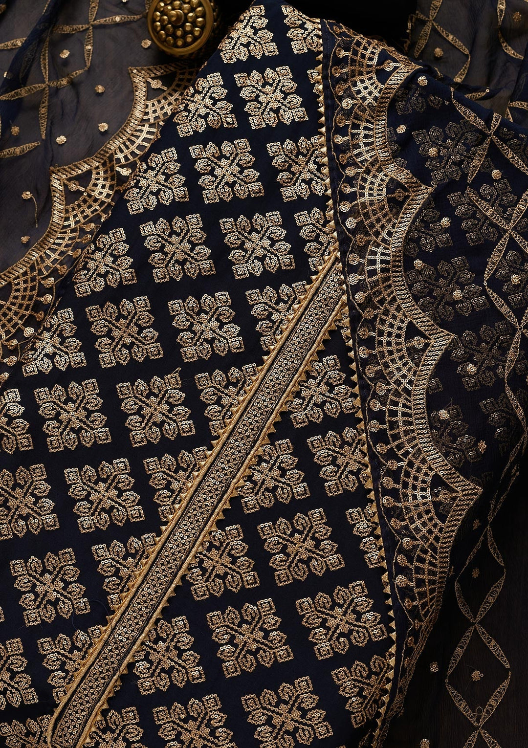 Navy Blue Zariwork Semi Crepe Unstitched Salwar Suit-Koskii