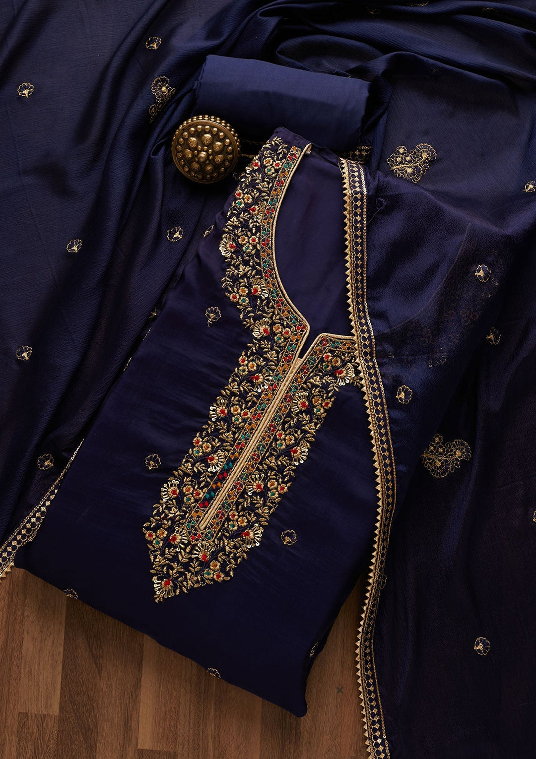 Navy Blue Zariwork Semi Crepe Unstitched Salwar Suit-Koskii