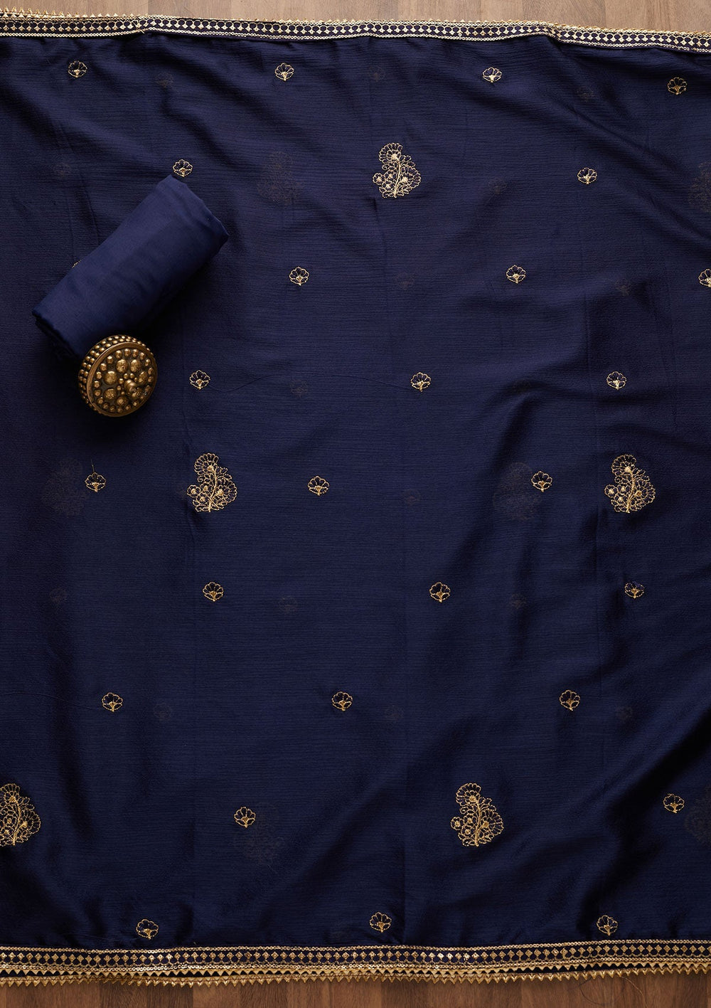 Navy Blue Zariwork Semi Crepe Unstitched Salwar Suit-Koskii