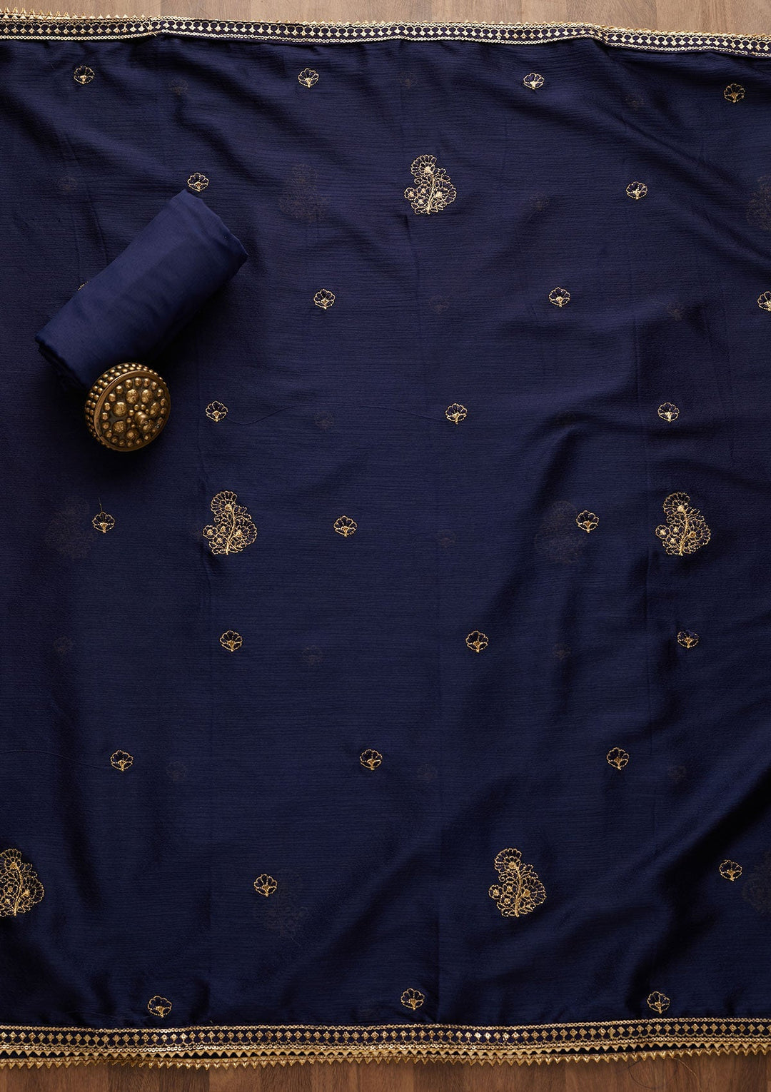 Navy Blue Zariwork Semi Crepe Unstitched Salwar Suit-Koskii