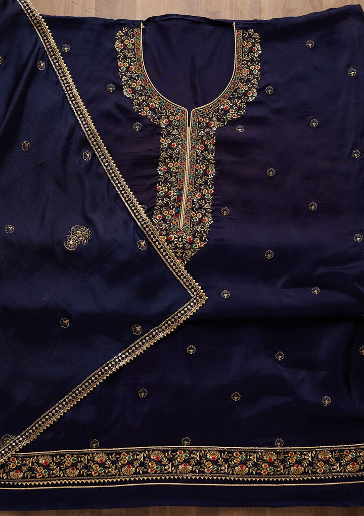 Navy Blue Zariwork Semi Crepe Unstitched Salwar Suit-Koskii