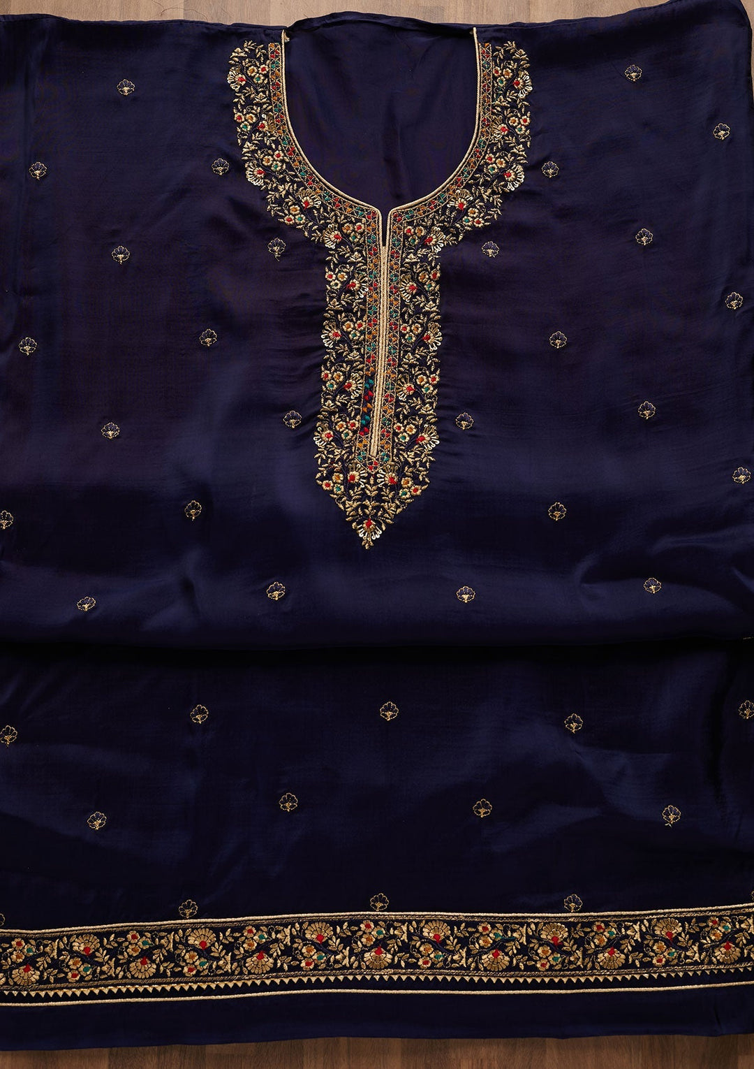 Navy Blue Zariwork Semi Crepe Unstitched Salwar Suit-Koskii