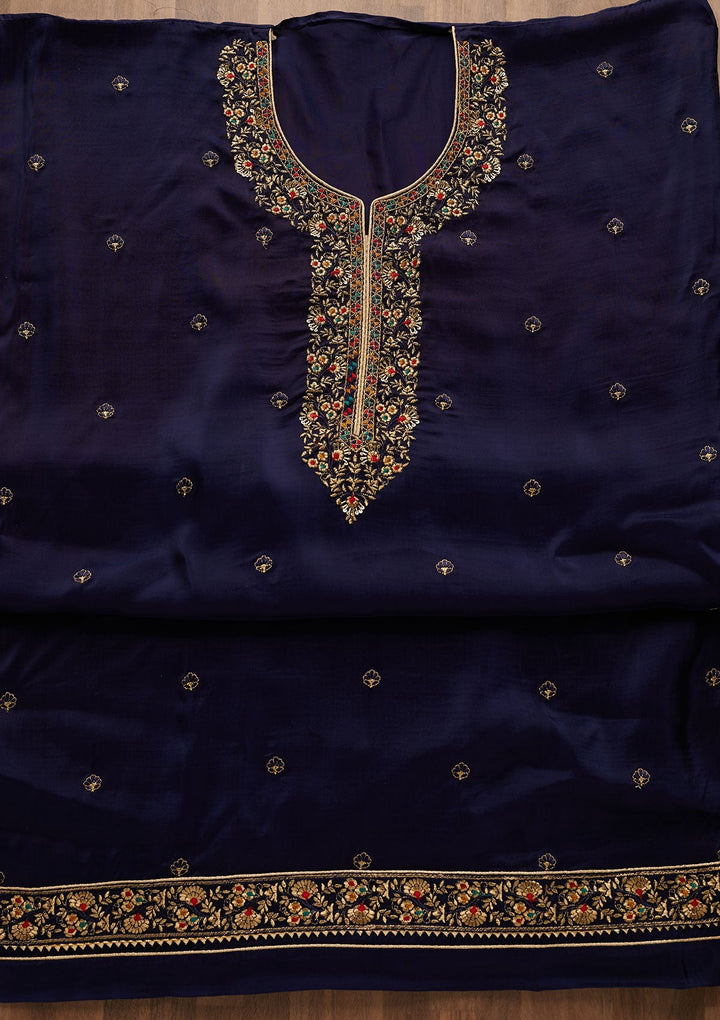 Navy Blue Zariwork Semi Crepe Unstitched Salwar Suit-Koskii