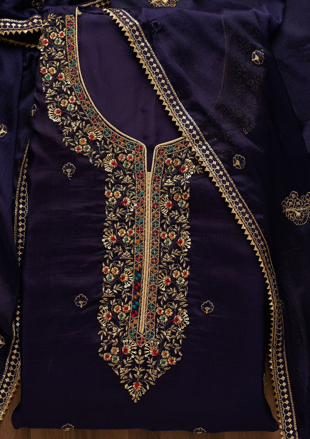 Navy Blue Zariwork Semi Crepe Unstitched Salwar Suit-Koskii