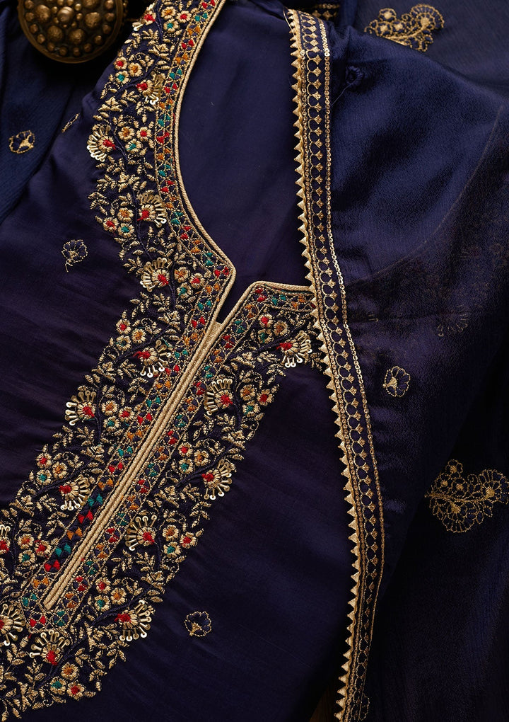 Navy Blue Zariwork Semi Crepe Unstitched Salwar Suit-Koskii