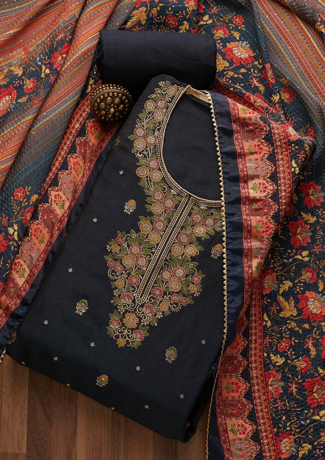 Navy Blue Zariwork Semi Crepe Unstitched Salwar Suit-Koskii