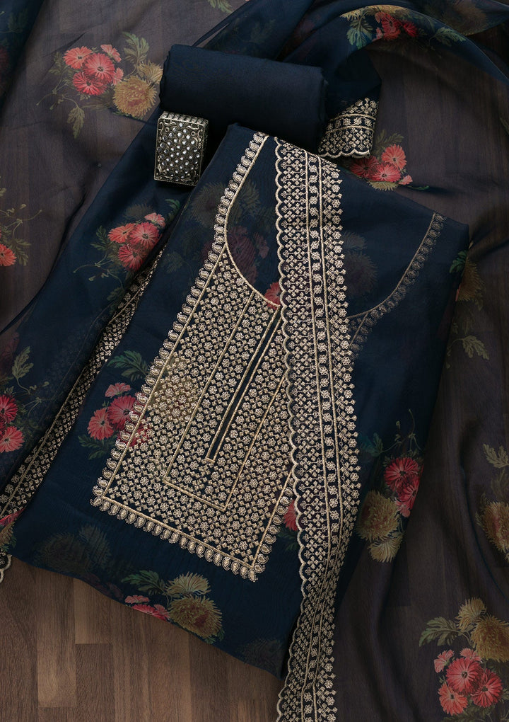 Navy Blue Zariwork Tissue Unstitched Salwar Suit-Koskii