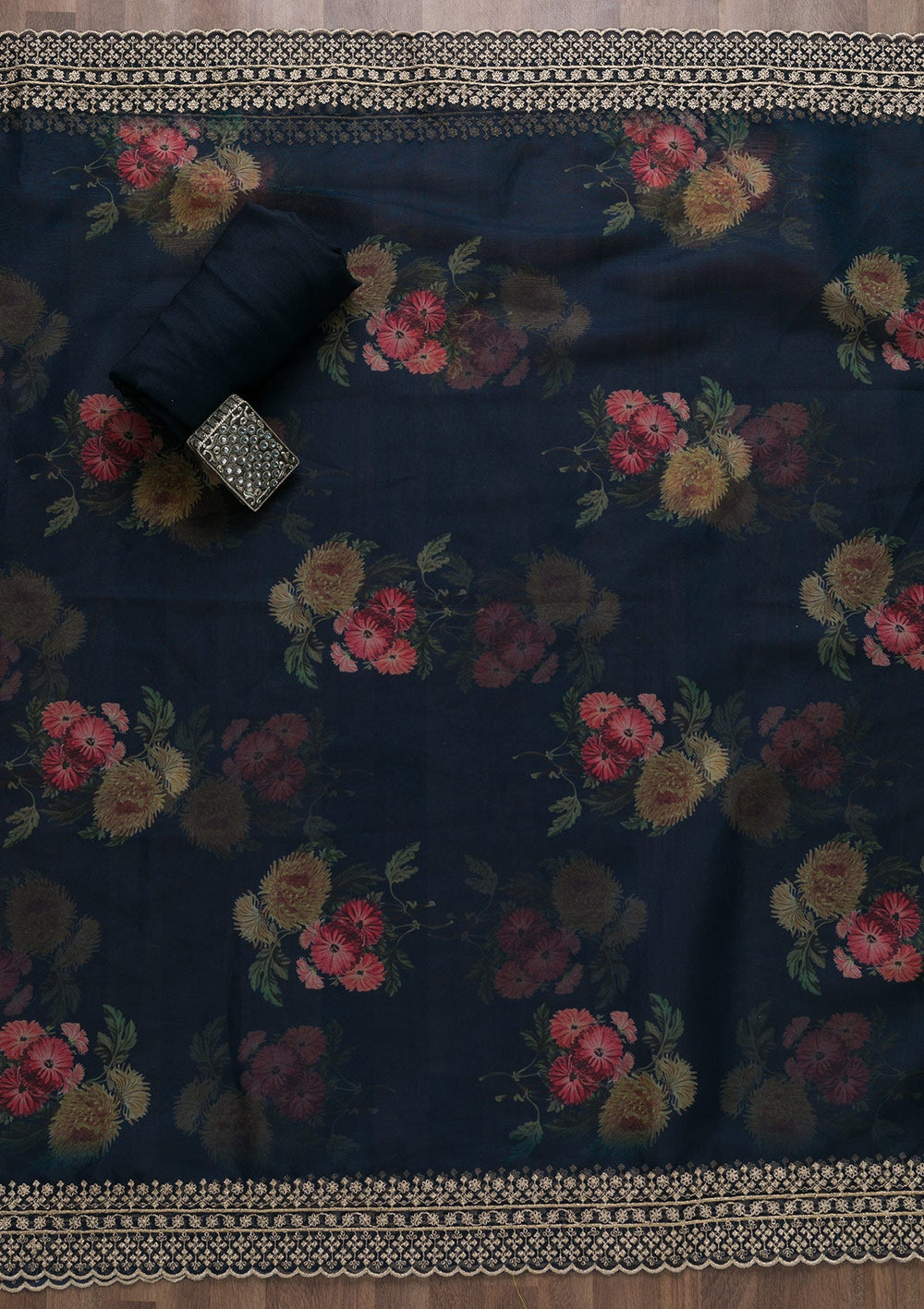 Navy Blue Zariwork Tissue Unstitched Salwar Suit-Koskii