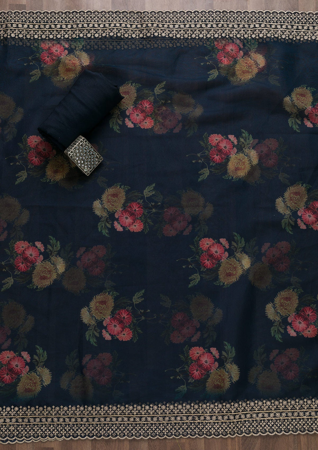 Navy Blue Zariwork Tissue Unstitched Salwar Suit-Koskii