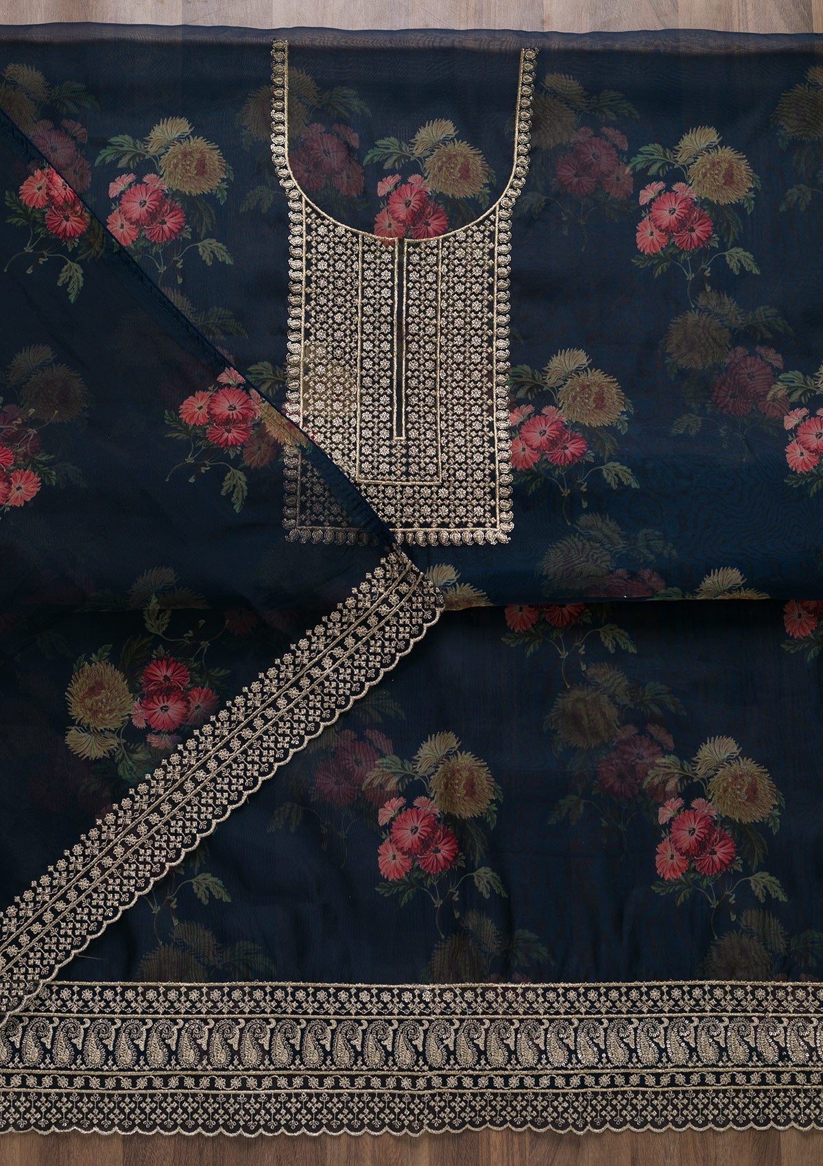 Navy Blue Zariwork Tissue Unstitched Salwar Suit-Koskii