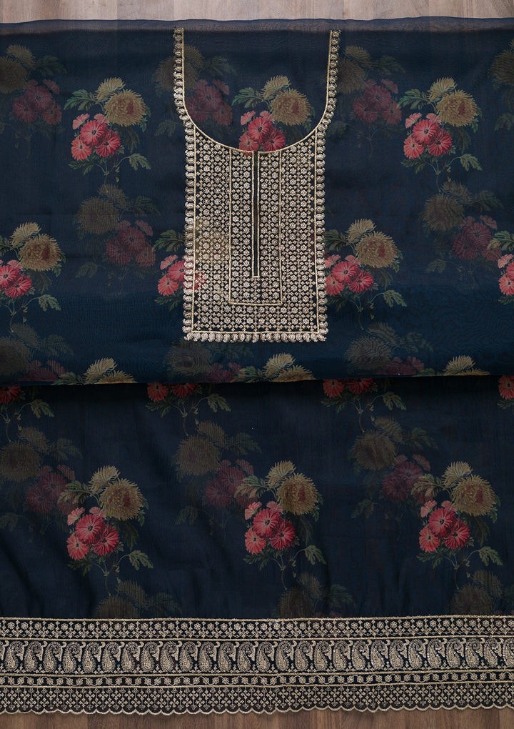 Navy Blue Zariwork Tissue Unstitched Salwar Suit-Koskii