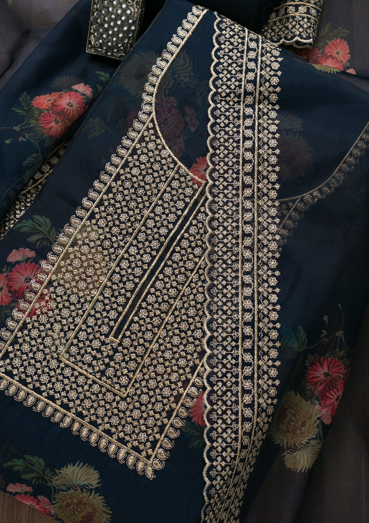 Navy Blue Zariwork Tissue Unstitched Salwar Suit-Koskii