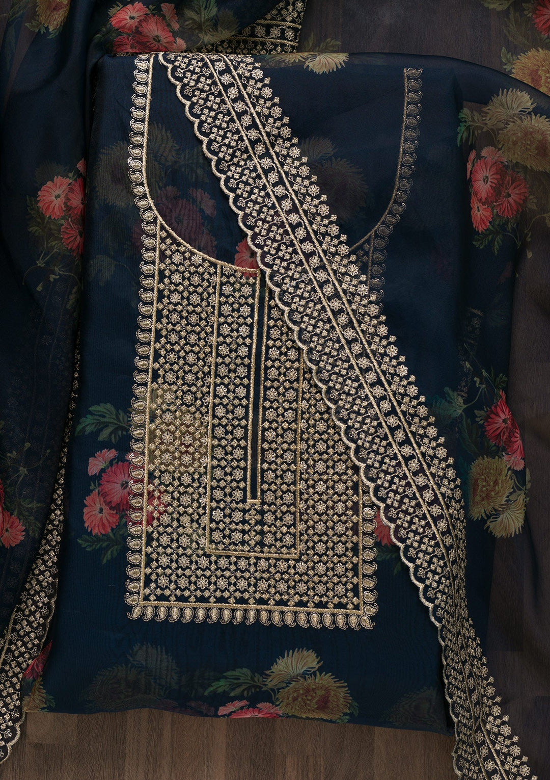 Navy Blue Zariwork Tissue Unstitched Salwar Suit-Koskii