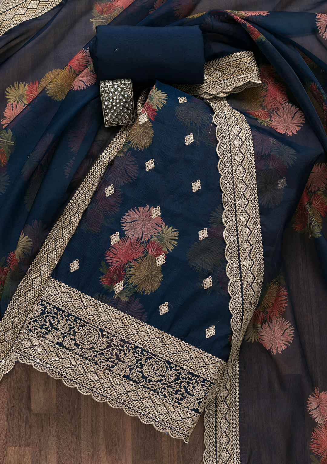 Navy Blue Zariwork Tissue Unstitched Salwar Suit-Koskii