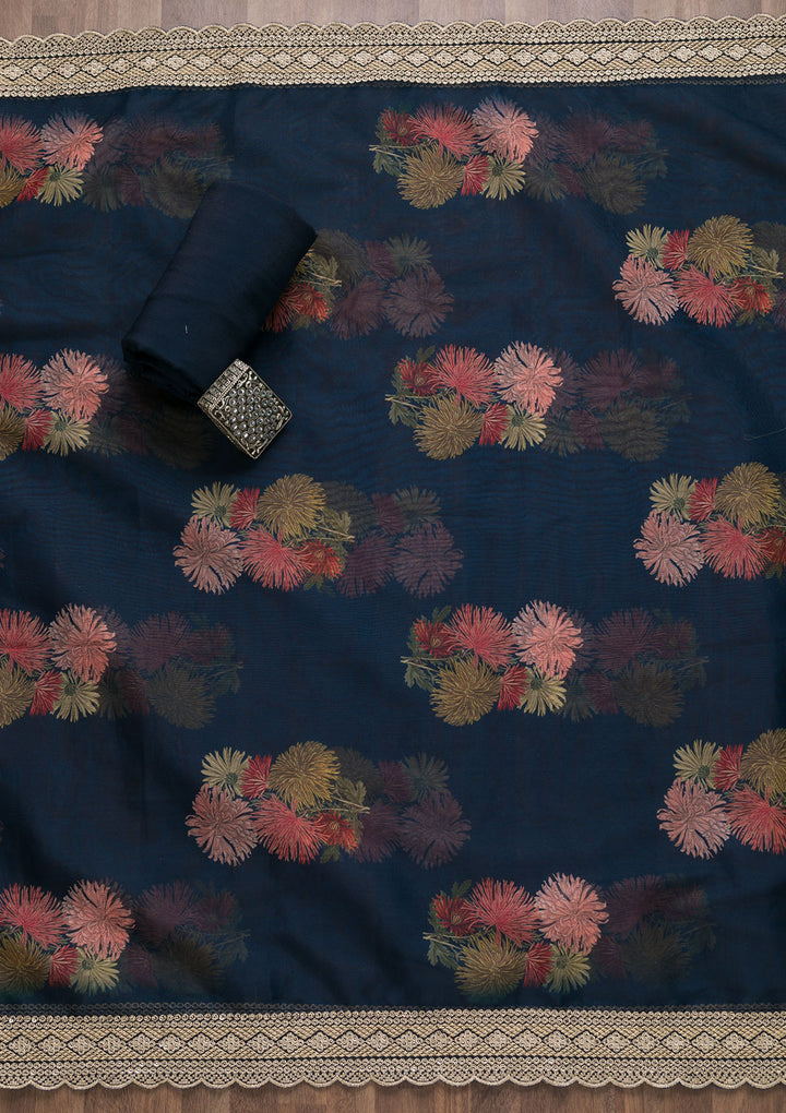 Navy Blue Zariwork Tissue Unstitched Salwar Suit-Koskii
