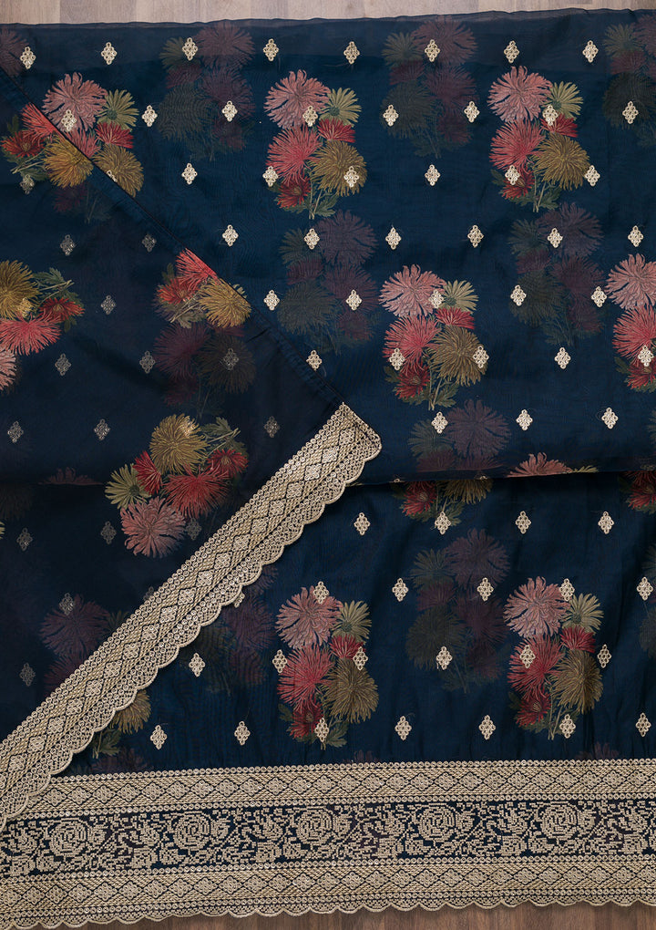 Navy Blue Zariwork Tissue Unstitched Salwar Suit-Koskii