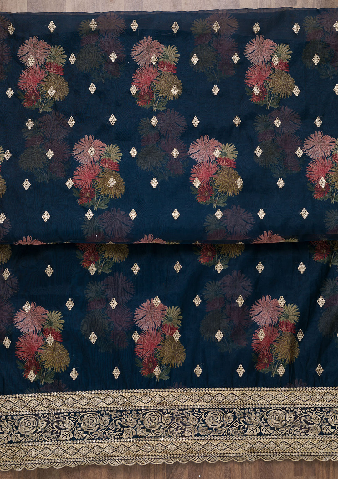 Navy Blue Zariwork Tissue Unstitched Salwar Suit-Koskii