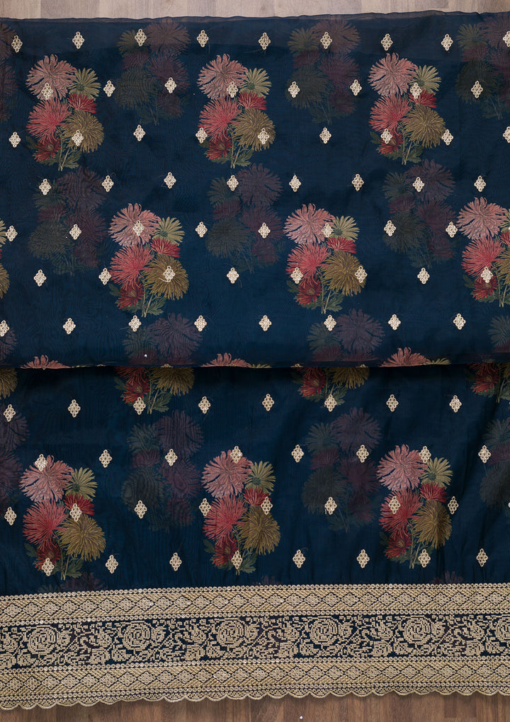 Navy Blue Zariwork Tissue Unstitched Salwar Suit-Koskii