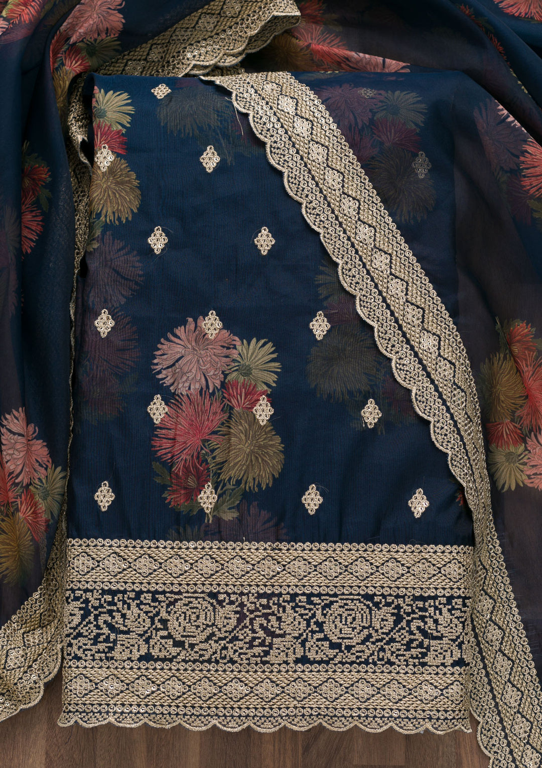 Navy Blue Zariwork Tissue Unstitched Salwar Suit-Koskii